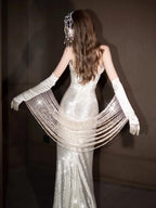 Ivory Sequin Mermaid Maxi Dress With Gloves