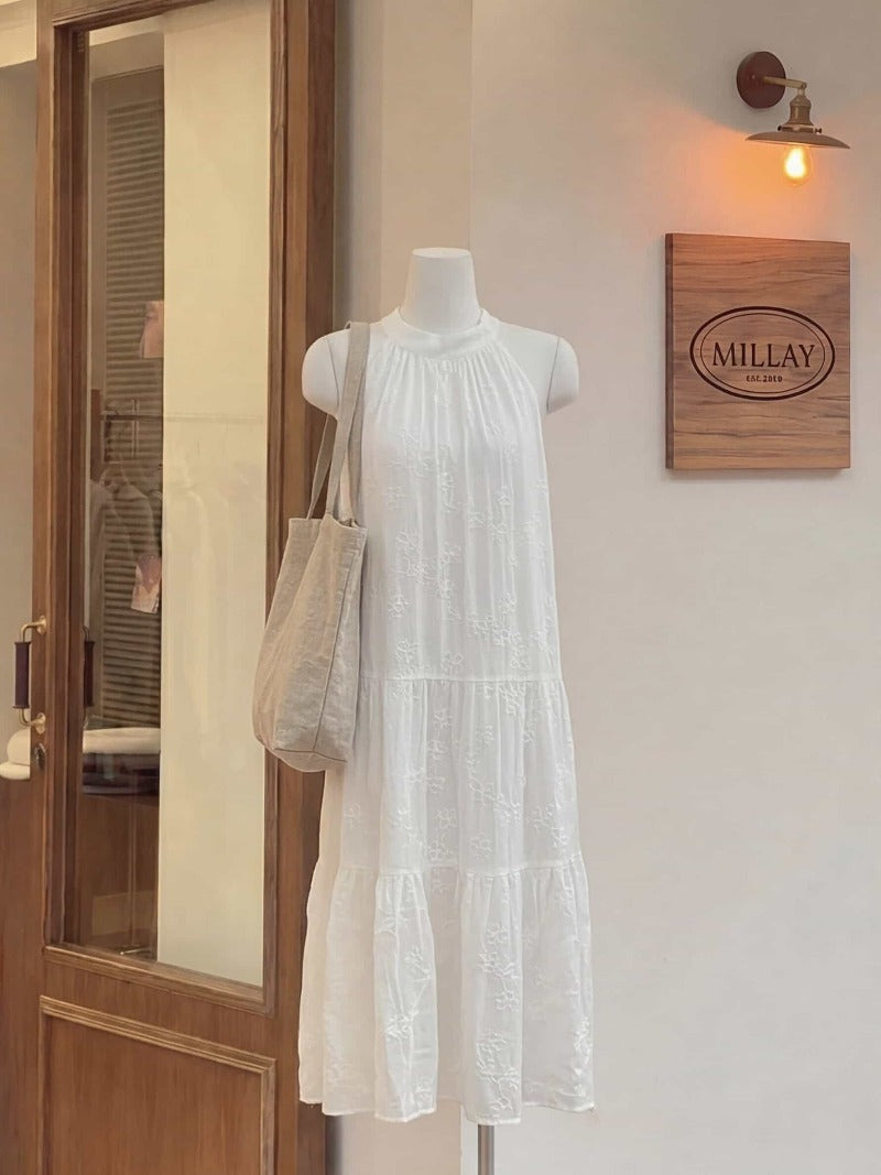 Coastal Ease Ivory Embroidered Halter Tiered Maxi Dress