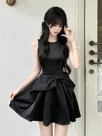 Black Satin Bow Waist Sleeveless A-Line Mini Dress