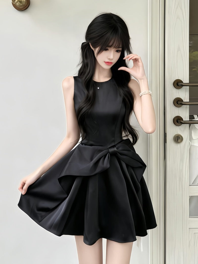 Black Satin Bow Waist Sleeveless A-Line Mini Dress