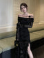 Black Floral Off Shoulder Long Sleeve Slit Maxi Dress