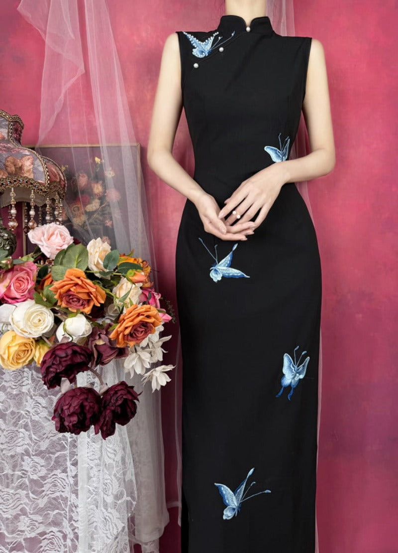 Black Mandarin Collar Butterfly Embroidered Side Slit Midi Dress