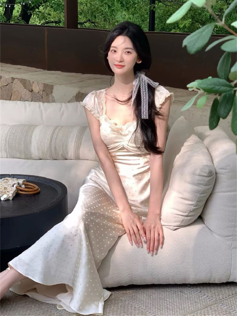 Champagne Lace-Trim V-Neck Fitted Maxi Dress