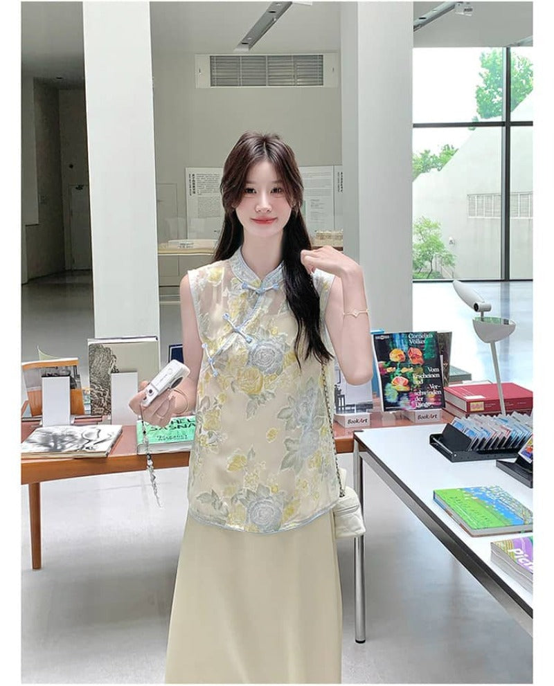 Printed Mandarin Collar Cami Maxi Dress Set