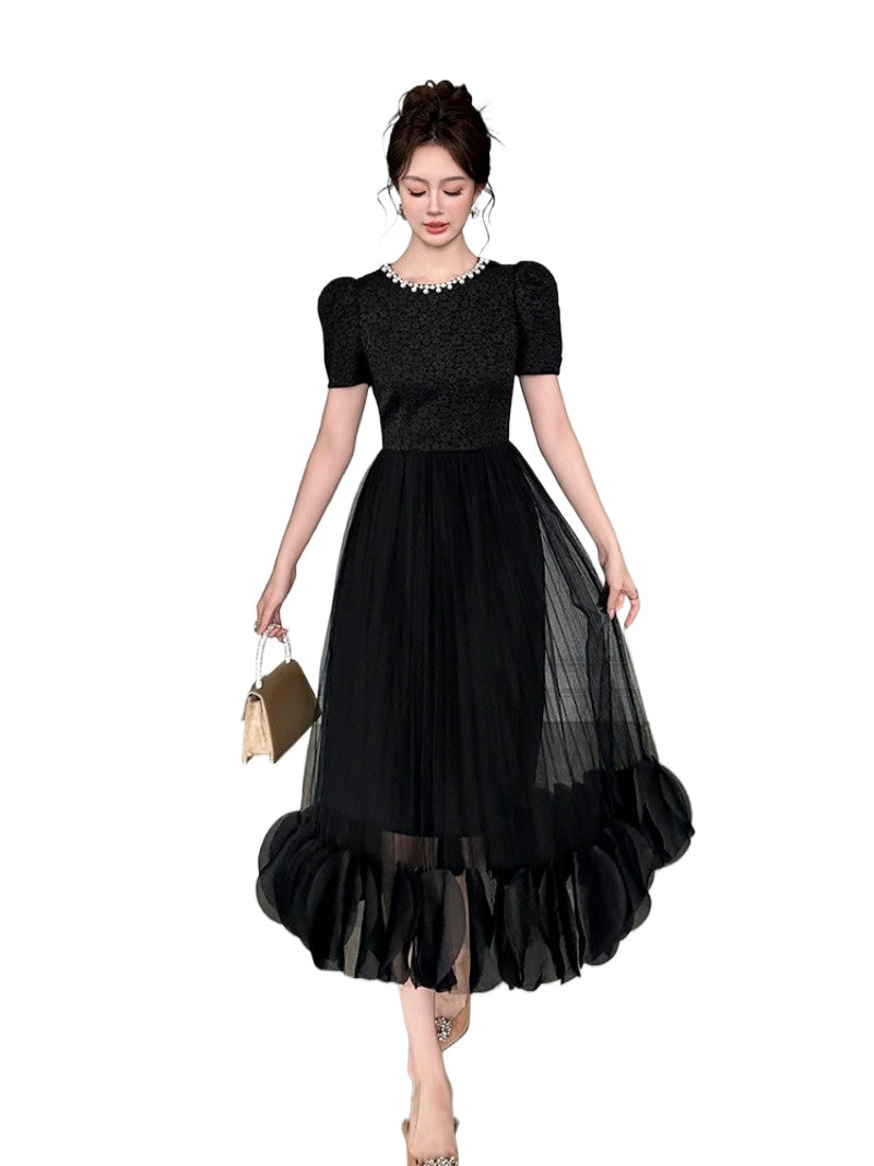 Black Pearl-Trim Lace Puff Sleeve Fit-and-Flare Midi Dress
