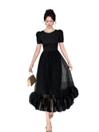 Black Pearl-Trim Lace Puff Sleeve Fit-and-Flare Midi Dress