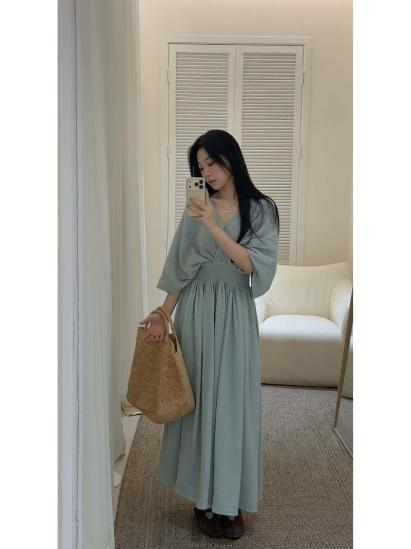 Cotton V-Neck Batwing Sleeve Maxi Dress
