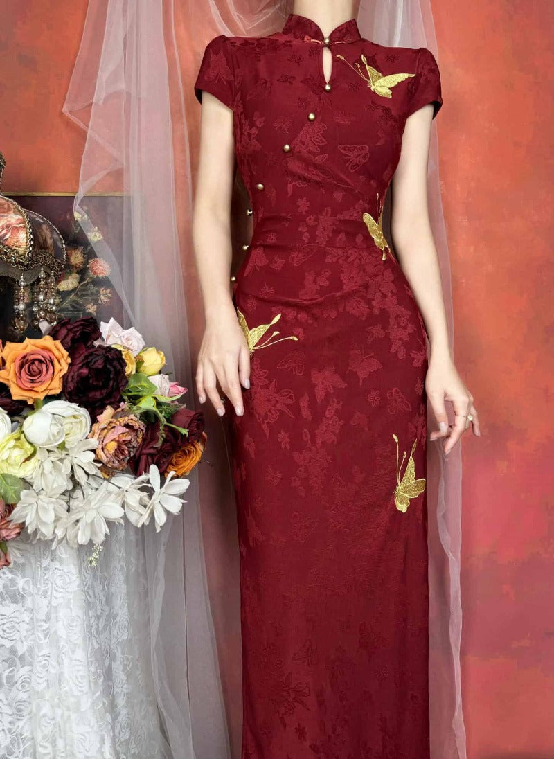 Red Mandarin Collar Butterfly Embroidered Qipao Midi Dress Secondary image