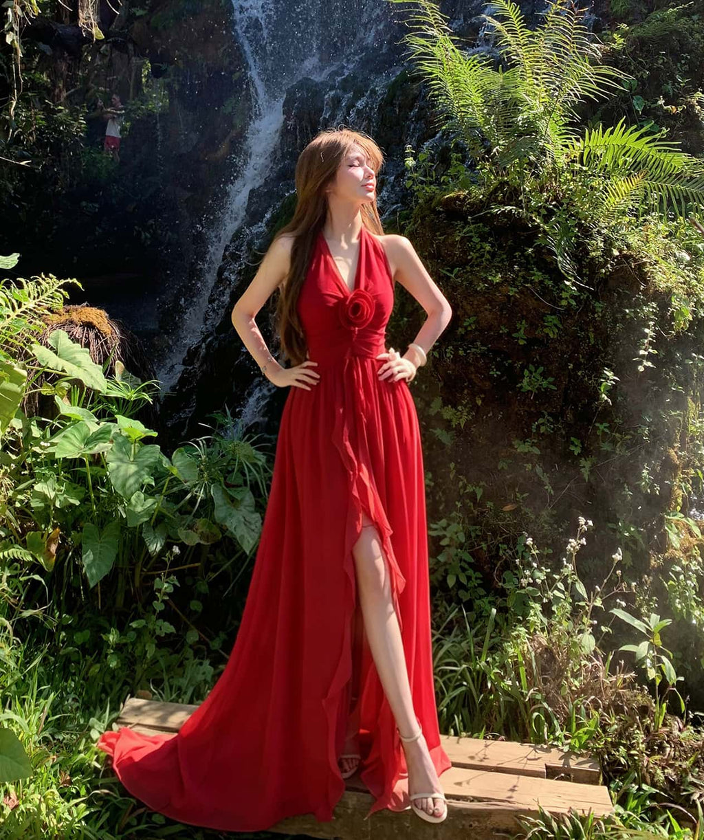 Red Halter Flower Draped A-Line Maxi Dress