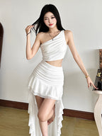 Asymmetric One Shoulder Cutout Ruffle High-Low Maxi Dress
