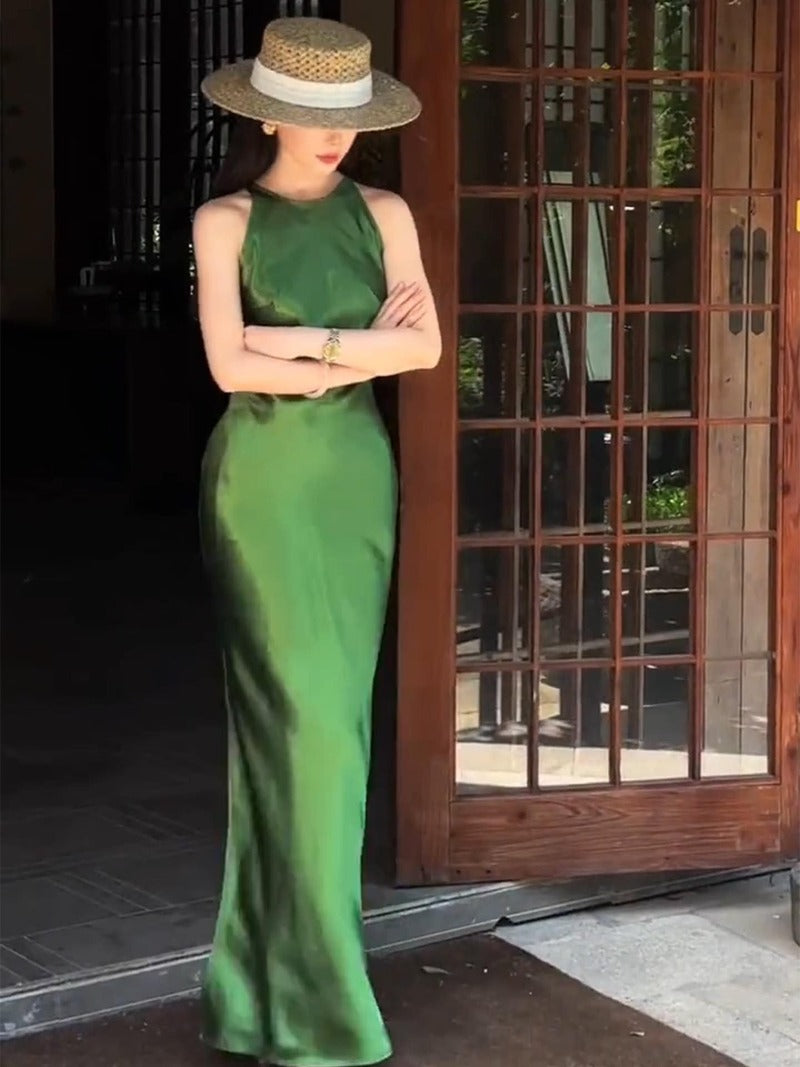 Green Satin Sleeveless Side Slit Bodycon Maxi Dress