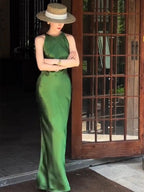 Green Satin Sleeveless Side Slit Bodycon Maxi Dress