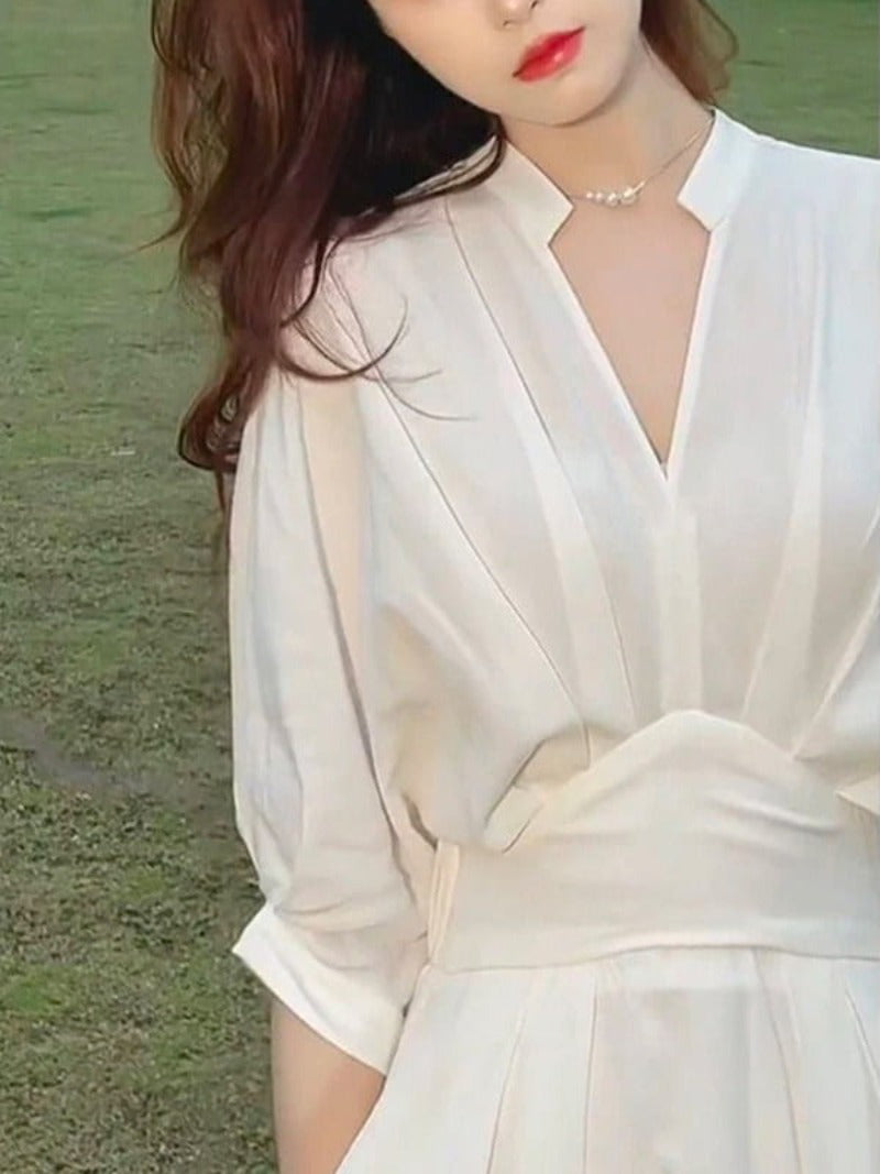 White V-Neck Pleated A-Line Maxi Dress