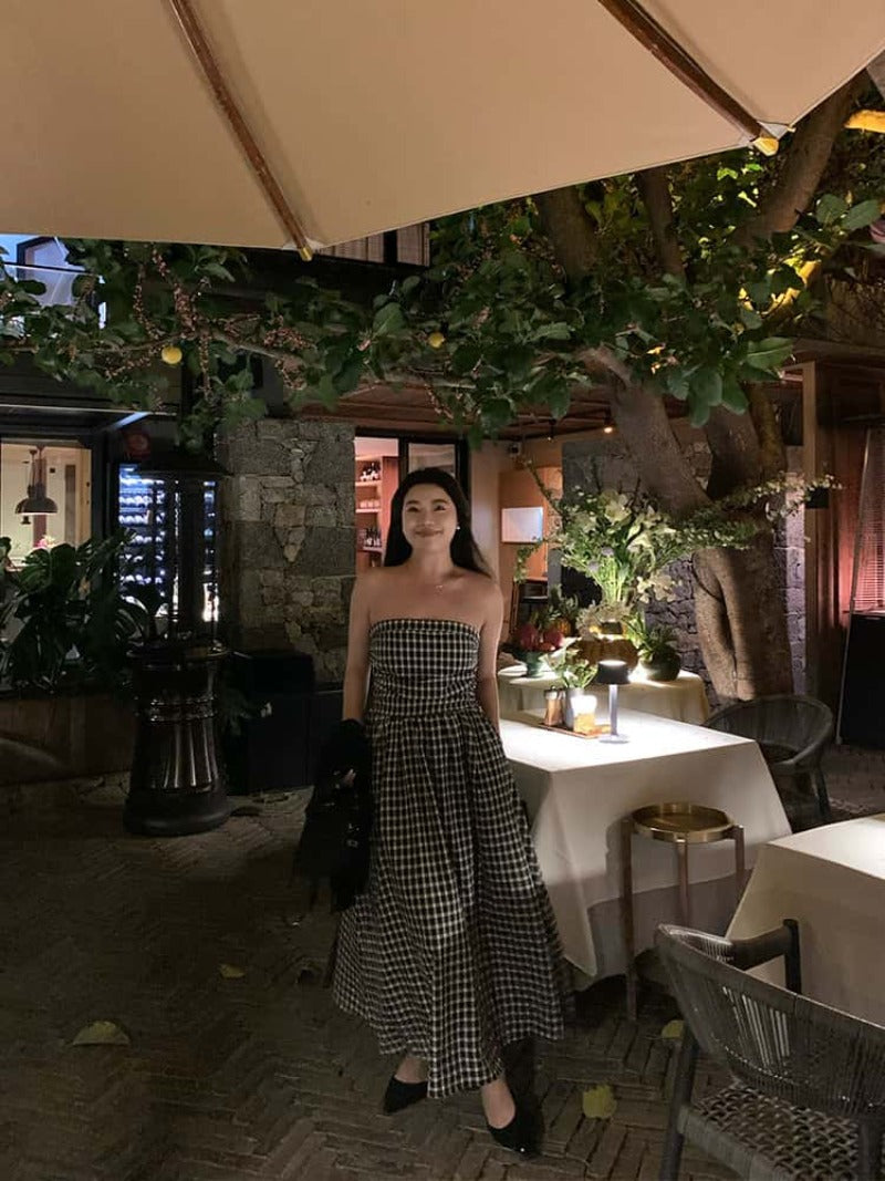 Black Gingham Strapless A-Line Midi Dress