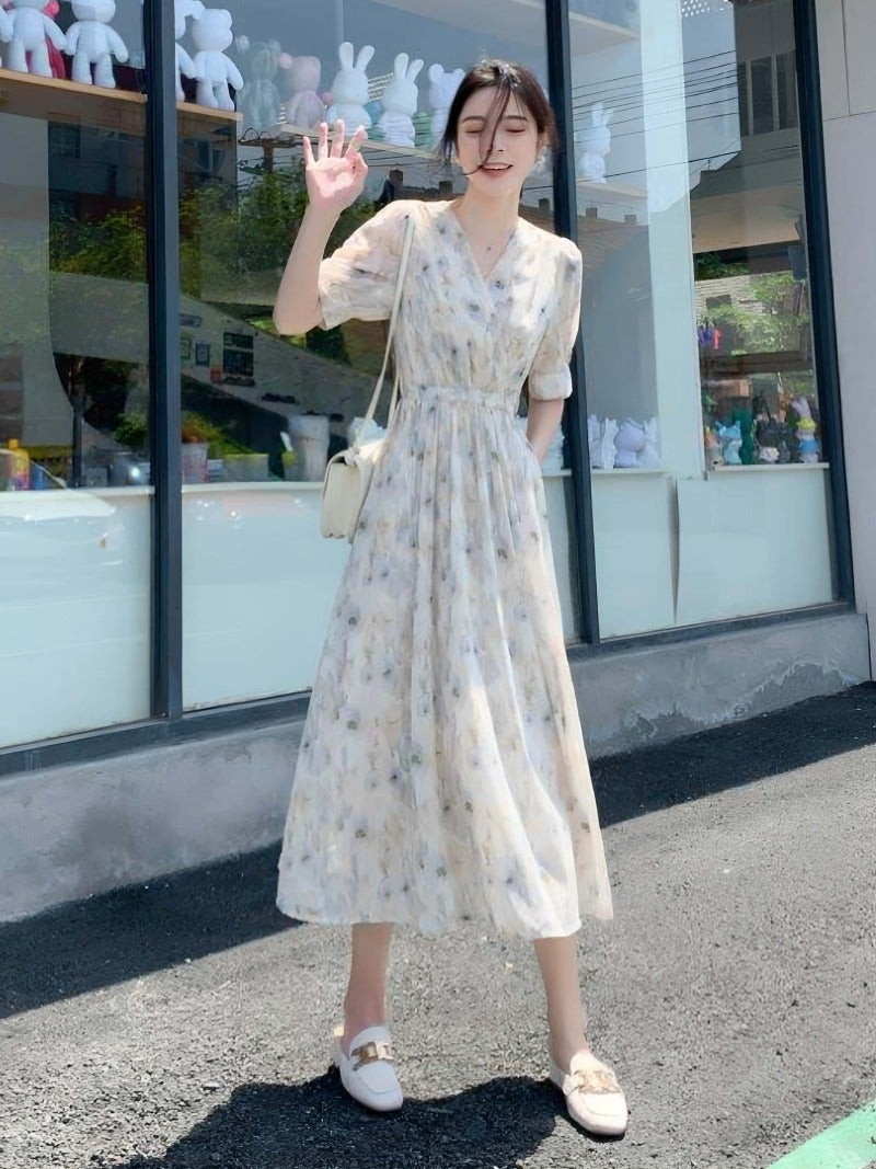 Soft Floral V-Neck Puff Sleeve A-Line Maxi Dress