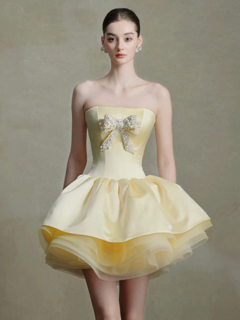 Pale Yellow Strapless Rhinestone Bow Bubble Mini Dress
