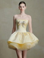 Pale Yellow Strapless Rhinestone Bow Bubble Mini Dress