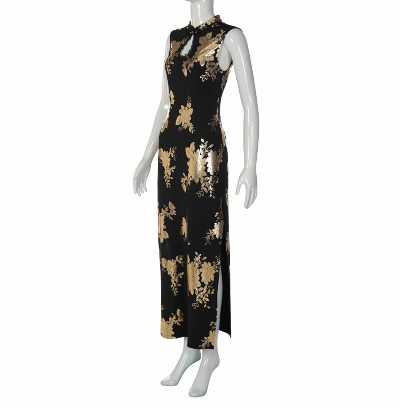 Midnight Gold Floral Mandarin Collar Qipao Maxi Dress