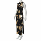 Midnight Gold Floral Mandarin Collar Qipao Maxi Dress