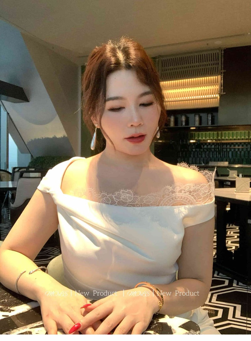 Plus Size White Lace Trim Off Shoulder Ruched Midi Dress