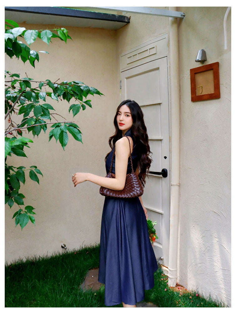 Denim Blue Collared Fit-And-Flare Midi Dress