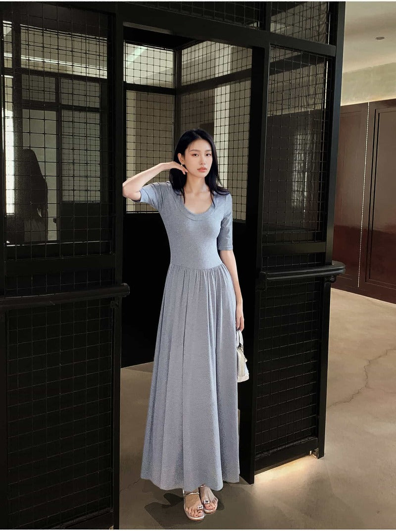 Gray U Neck Fit and Flare Maxi Dress