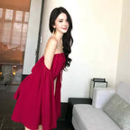 Red Off-Shoulder Draped Chiffon Mini Dress