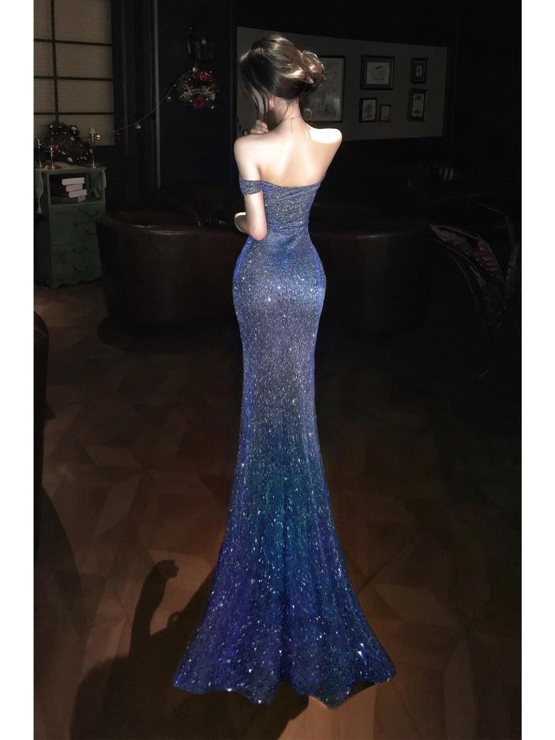 Blue Off Shoulder Sequin Ruched Slit Mermaid Maxi Dress Secondary image