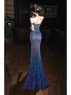 Blue Off Shoulder Sequin Ruched Slit Mermaid Maxi Dress