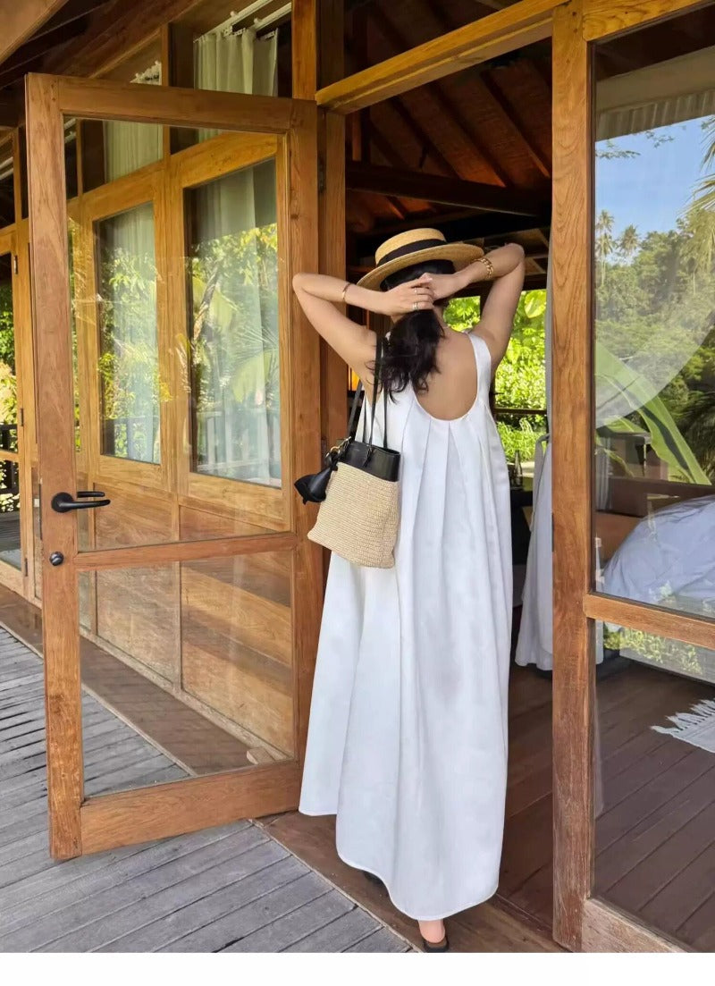 White Floral Trim Round Neck Sleeveless Relaxed A-Line Maxi Dress