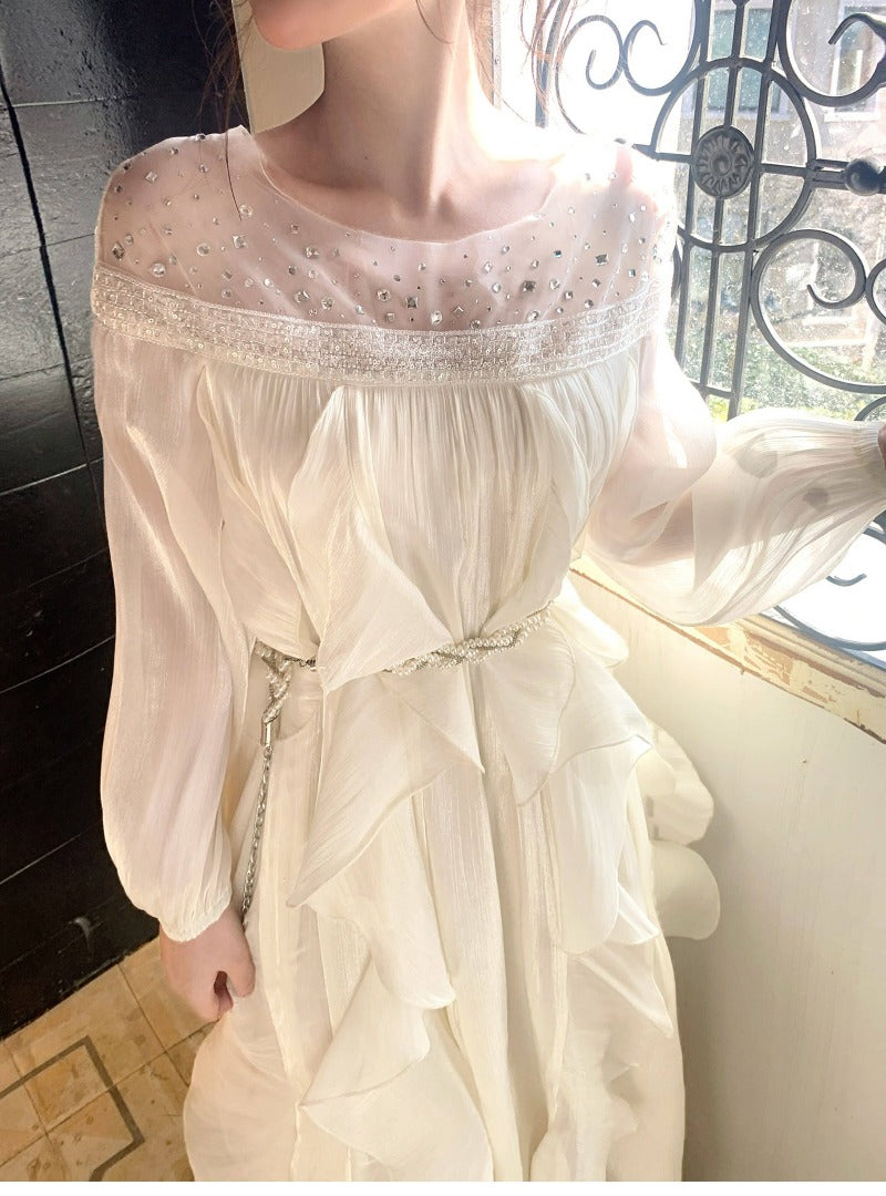 Ivory Sequin-Embellished Off-Shoulder Ruffle Maxi Dress