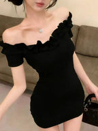 Burgundy/Black Off Shoulder Ruffle Bodycon Mini Dress