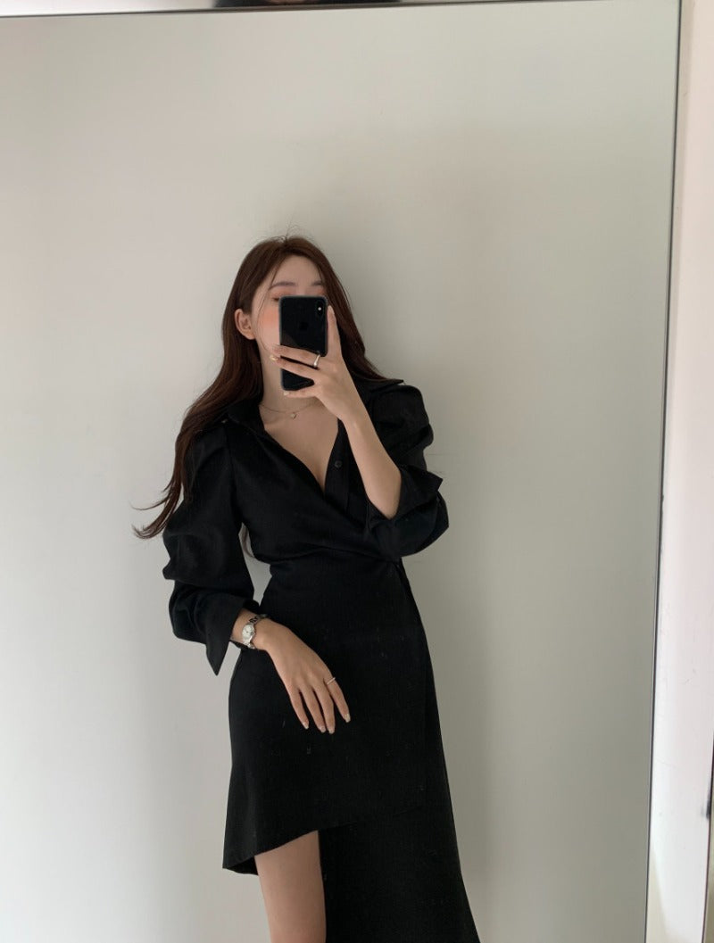 Apricot/Black Collared Wrap Asymmetric Hem Shirt Dress
