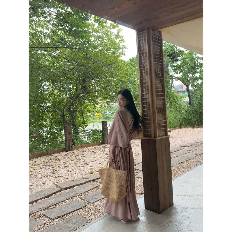 Cotton V-Neck Batwing Sleeve Maxi Dress