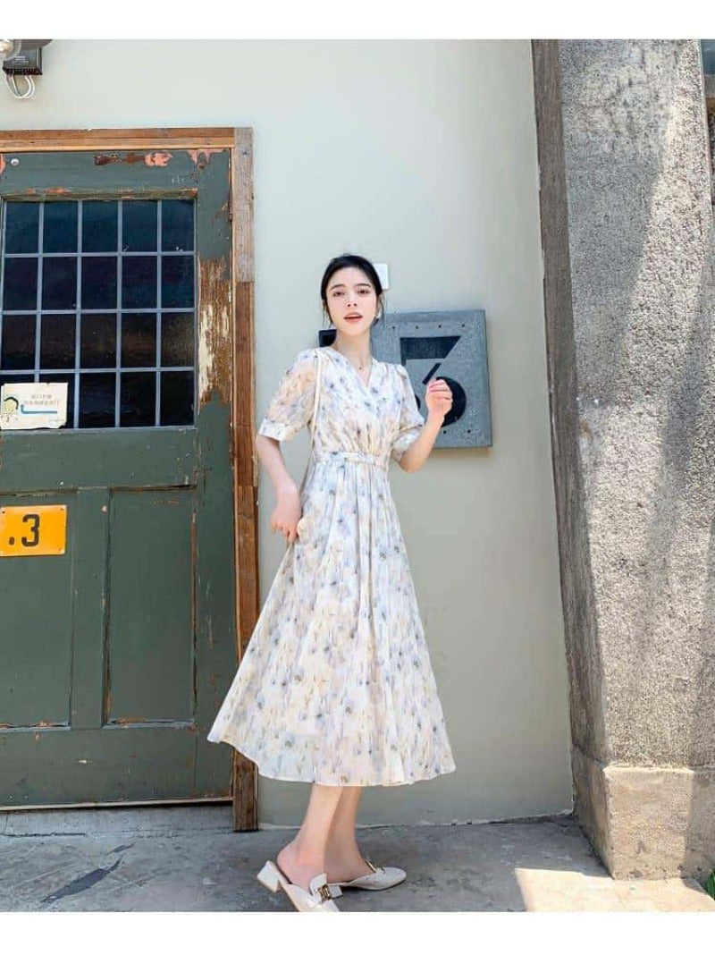 Soft Floral V-Neck Puff Sleeve A-Line Maxi Dress