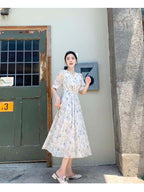 Soft Floral V-Neck Puff Sleeve A-Line Maxi Dress