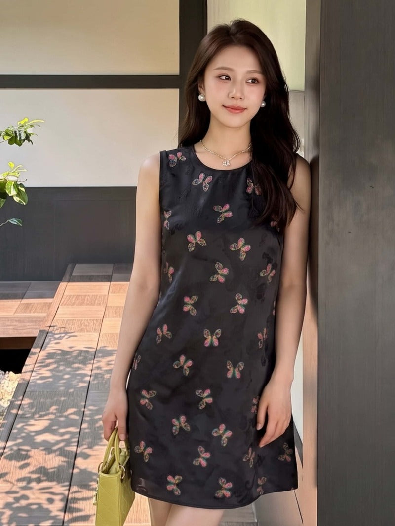 Black Butterfly Print Silk Organza Sleeveless Midi Dress Secondary image