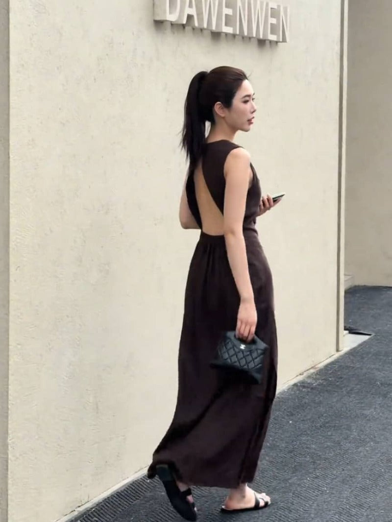 Coffee Brown Open Back Sleeveless Side Slit Maxi Dress