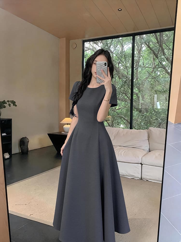 Round Neck Short Sleeve High Waist A-Line Maxi Dress