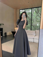 Round Neck Short Sleeve High Waist A-Line Maxi Dress