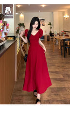 Wine Red V Neck Puff Sleeve Tie Back A-Line Maxi Dress