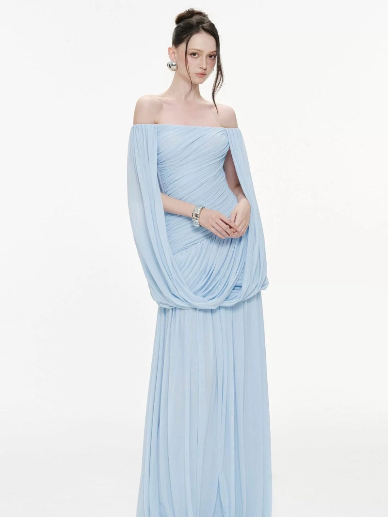 Sculpted Drape Off Shoulder Cape Maxi Dress