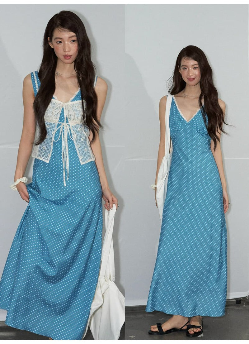 Blue Polka Dot V Neck Backless A-Line Maxi Dress