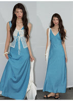 Blue Polka Dot V Neck Backless A-Line Maxi Dress