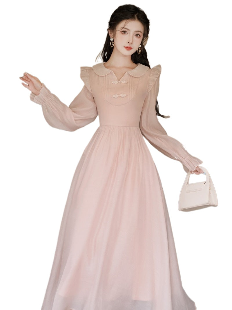 Pink Peter Pan Collar Ruffle A-Line Maxi Dress Main image