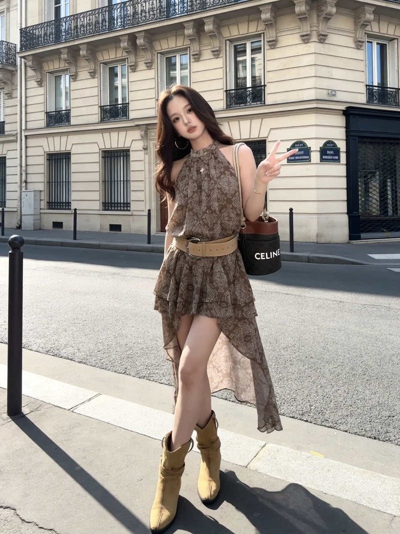 Desert Muse Brown Snake Print High-Low Halter Dress