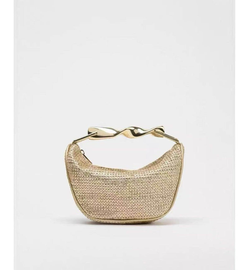 Raffia-Effect Woven Mini Bag with Metal Handle