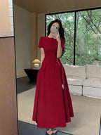 Round Neck Short Sleeve High Waist A-Line Maxi Dress