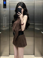 Coffee Brown Belted A-Line Mini Dress Set