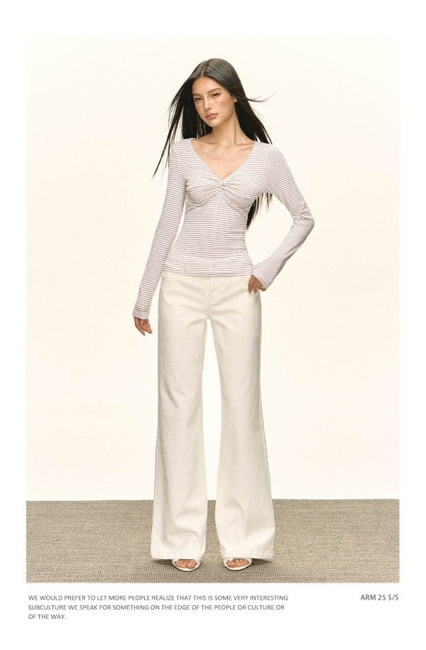 Beige High Waist Flare Denim Long Casual Pants - EveningVerse - 2